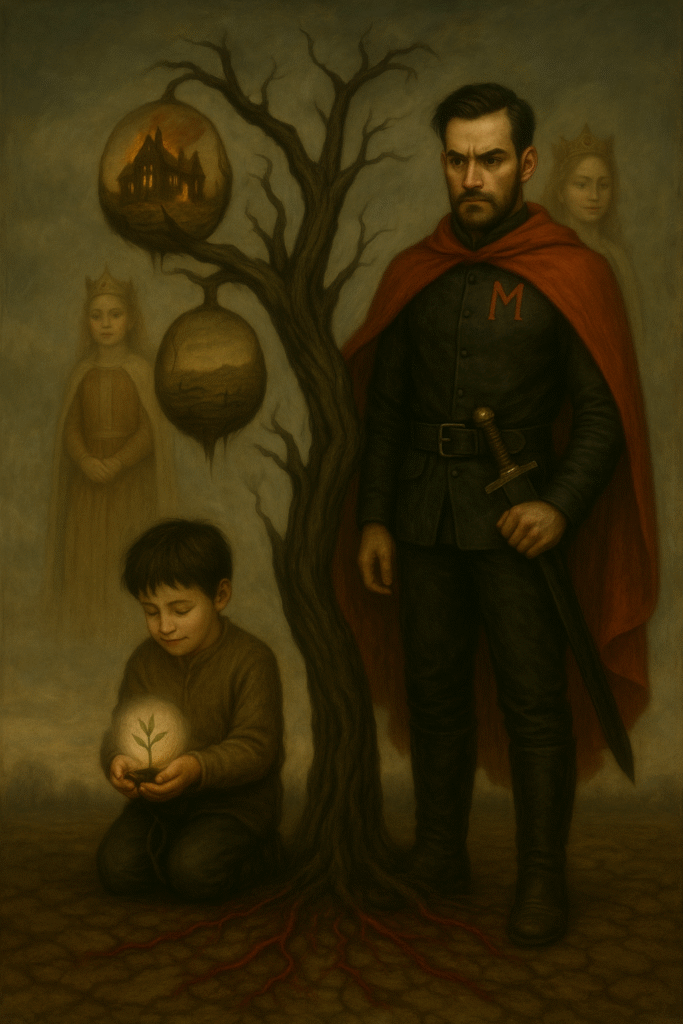 Image of young Mushinek holding a plant kneeling beside his older self standing by a corrupted tree.