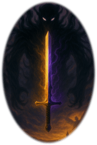 A shadowed monster in the background with a sword in the foreground, half flaming, half black.