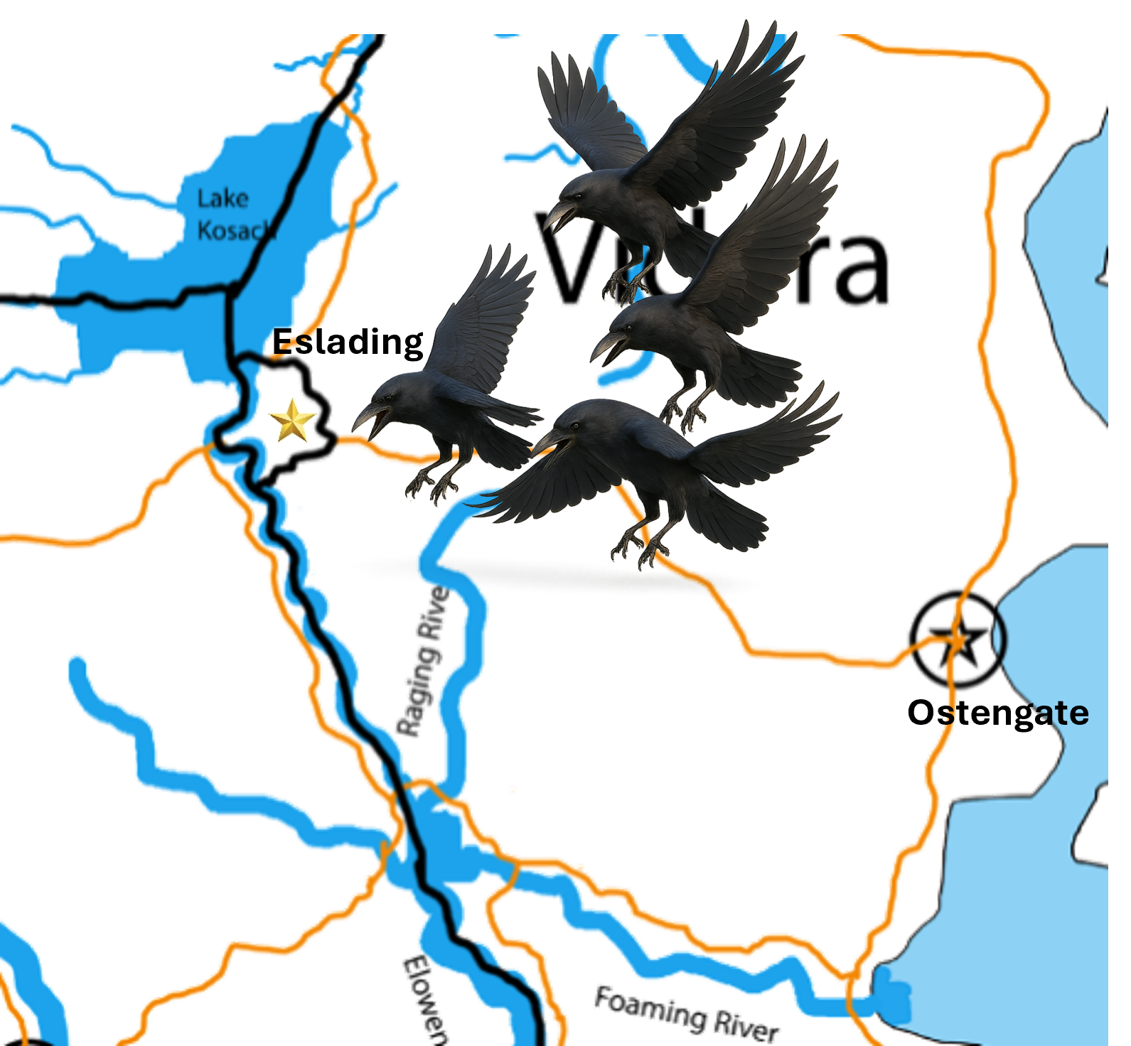 Exhibit VII: A strategic map of Vidora depicting the Raven incursion, with forces swooping into Eslading from the northeast.