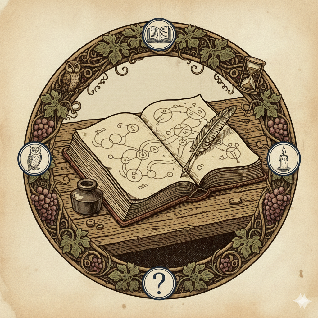 An icon of a quill and open book representing deep character insights and psychological profiles from the Thalevirian records