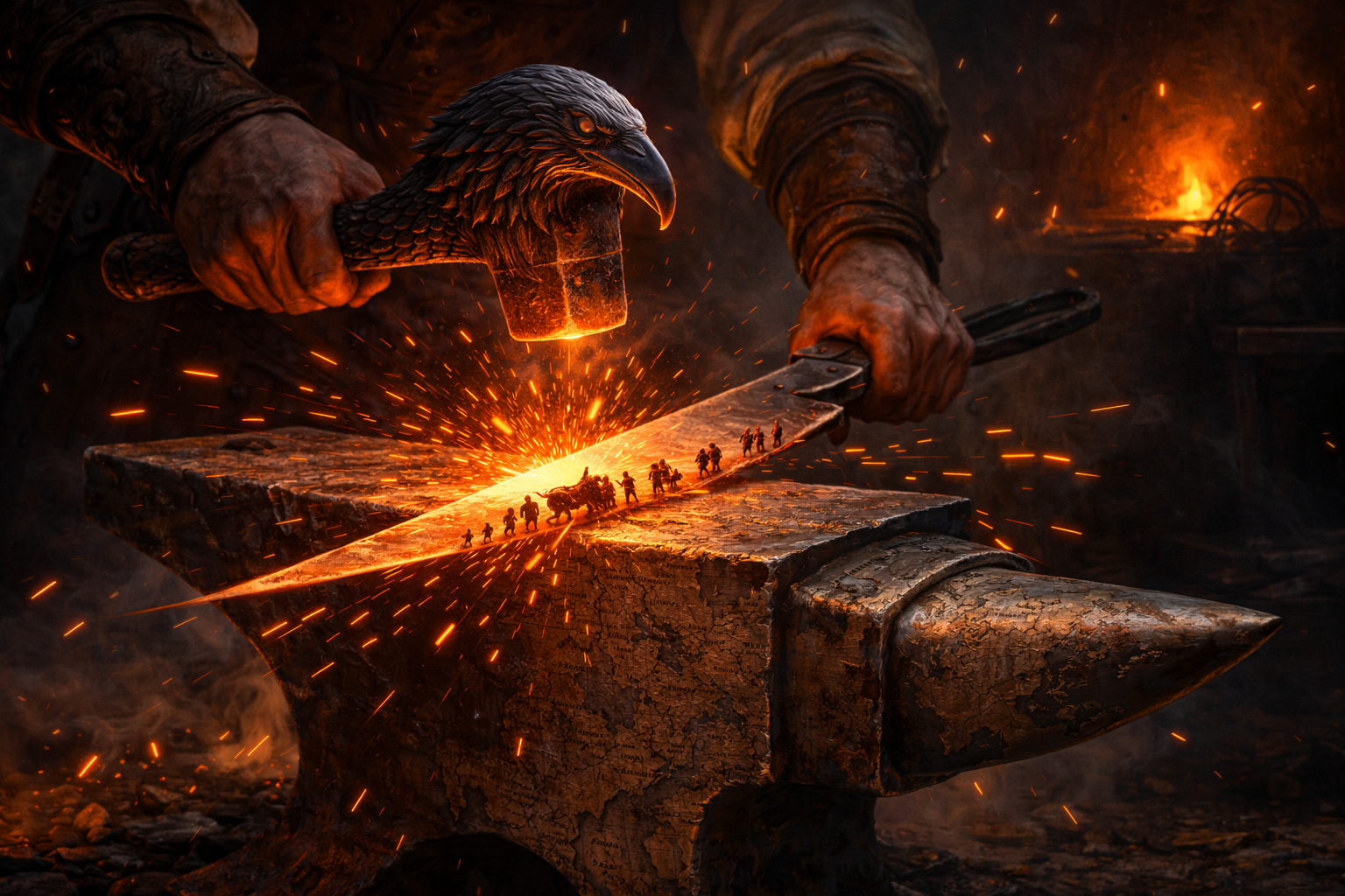 Exhibit XIX: A tactical allegory of the Raven Uprising, depicting the continent of Cendomvita as an anvil under the hammer of the enemy forces.