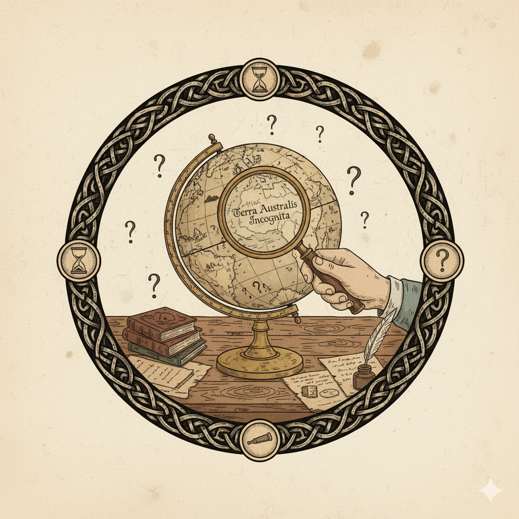 Surveyor's icon of an atlas and magnifying glass, representing grounded geographical insights and territorial studies of Thalevir.