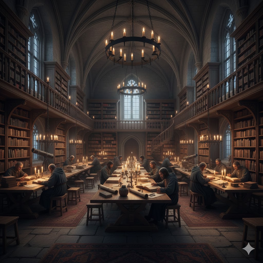 Library full of books and people studying them.