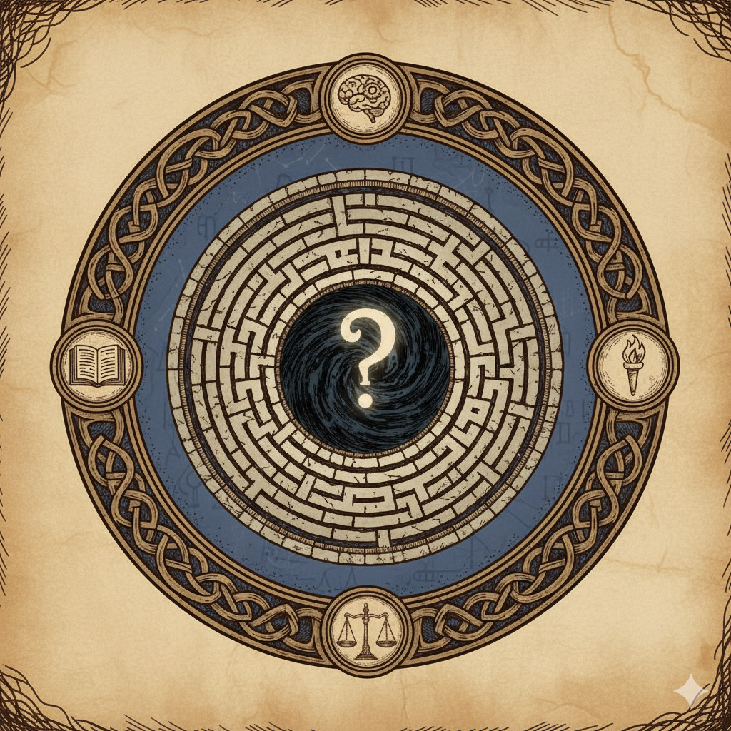 A maze icon symbolizing universal philosophical challenges that transcend Thalevir and resonate with our own world