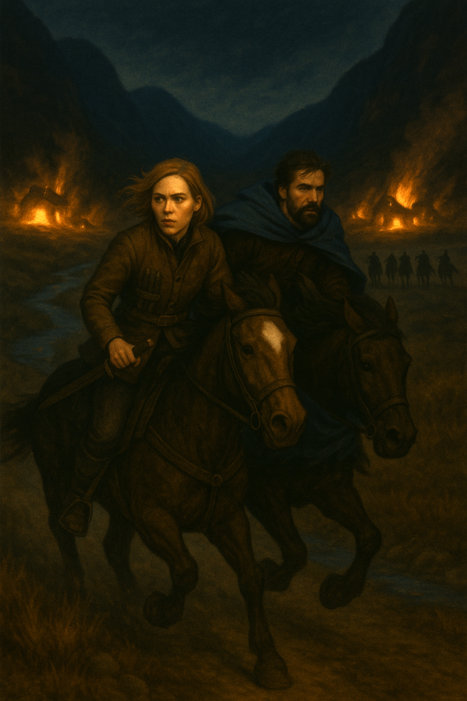 Image of Ylena and Elgyon riding horses across a field, mountains behind them, with burning huts behind them and horse riders chasing them.