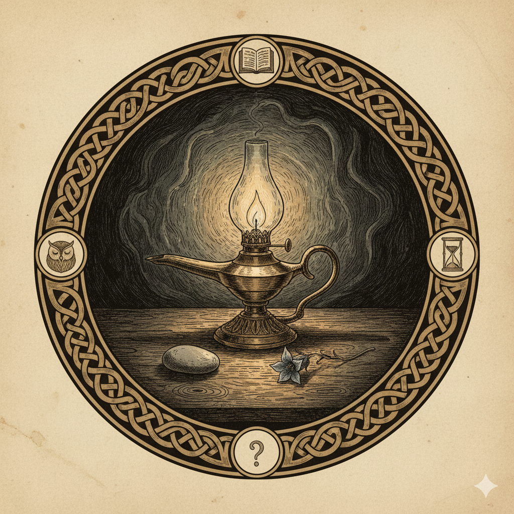 An oil lamp icon representing reader challenges and collaborative intellectual inquiry into the Thalevirian archives.
