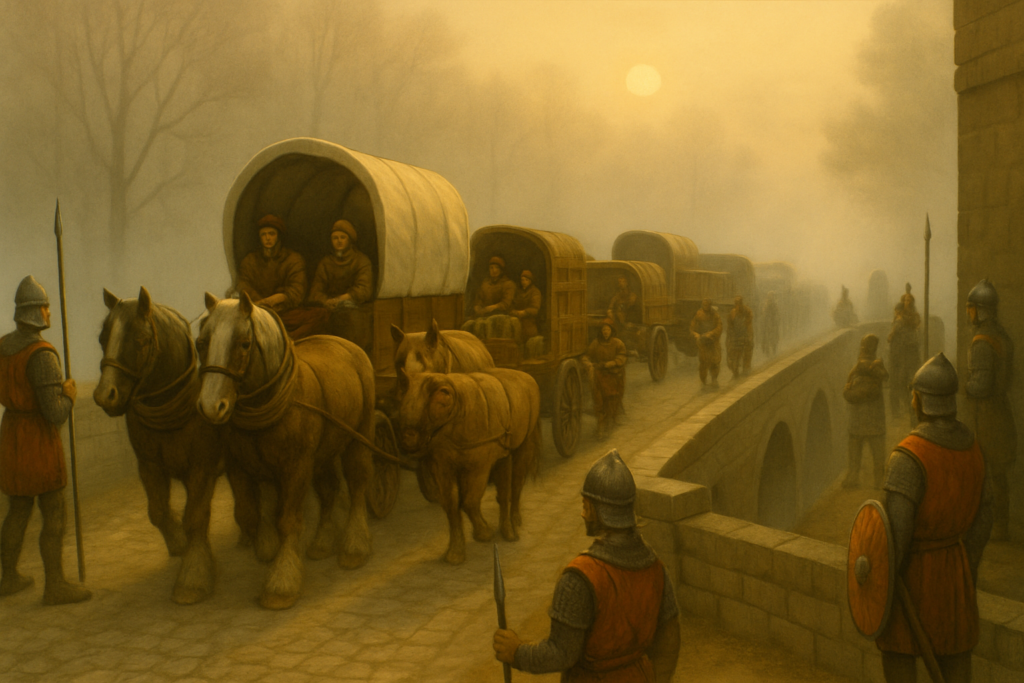 Image of exiles crossing a bridge through the fog past a guard post. The sun is at their back.