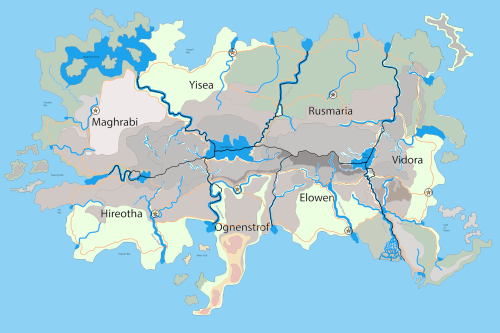 Map of the continent of Cendomvita with color coded terrain