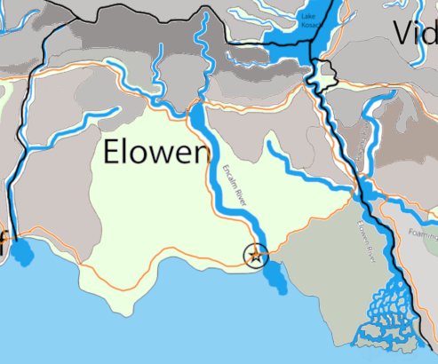 Map of Elowen with color coded terrain