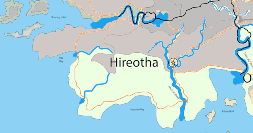 Map of Hireotha with color coded terrain