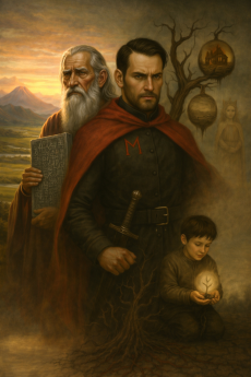 Messo with a an Ognenstrof background standing beside and behind a collage of Mushkinek as an adult and a child.
