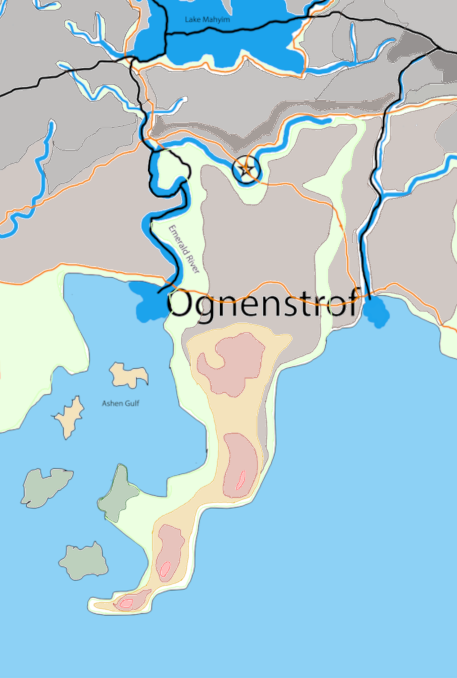 Map of Ognenstrof and the Ashen Gulf with color coded terrain