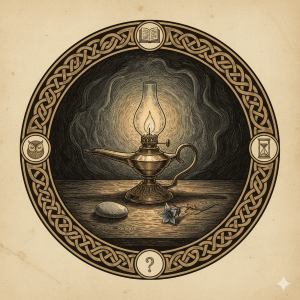 Archival Keys | Oil Lamp (Inquiry): Uncovering the Truth icon inviting the reader to search for the hidden motives and lost stories within the records