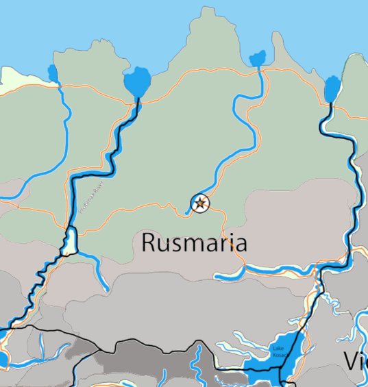 Map of Rusmaria with color coded terrain