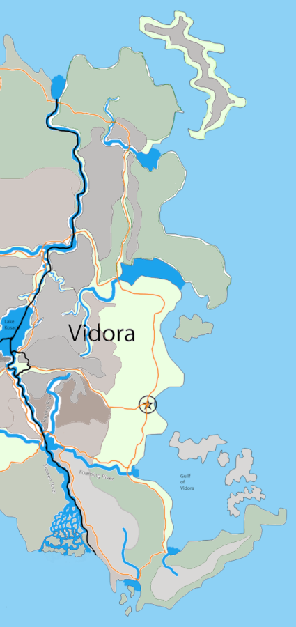 Map of Vidora with color coded terrain