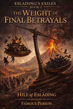 Cover page for The Weight of Final Betrayals depicting scale with crowns and people jumping off on one side with ravens landing on the other side tipping it. The background has a volcano erupting and people fleeing beneath the scale to try and escape.