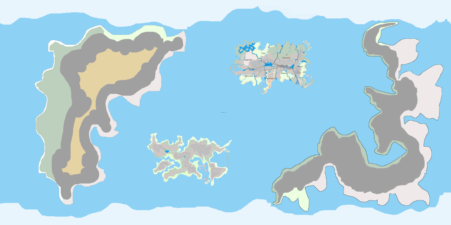 A world map of Thalevir featuring four distinct landmasses set against a blue ocean. In the center north lies Cendomvita, a highly detailed continent with visible rivers and labeled regions. Directly south of it is the smaller, mountainous continent of Orudara. Two massive, uninhabited barrier supercontinents frame the map on the far left and right, characterized by wide gray mountain ranges and tan interior deserts.