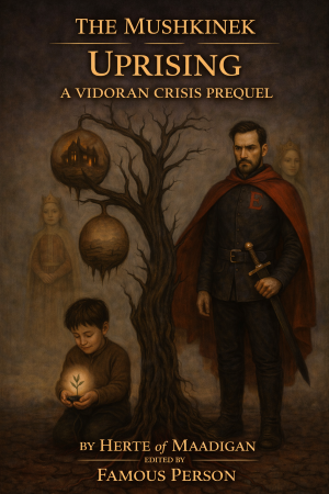Symbolic cover for The Mushkinek Uprising showing boy Mushkinek kneeling holding a seedling plant and adult Mushkinek standing by a dead tree with the fruits of his work. Both boy and man have a faded view of age-appropriate Ta'arah behind them.